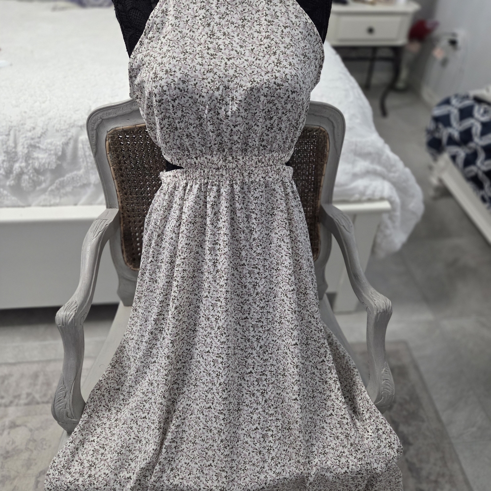 Boho Floral Halter Midi Dress in Cream and Black